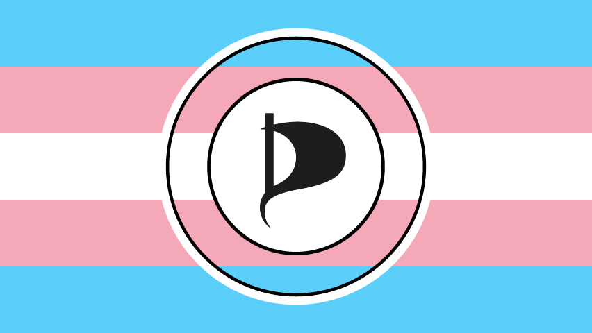 Fahne in trans-Farben mit Piratenlogo mittig darauf
